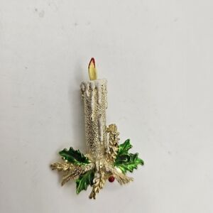 Festive Candle Brooch with Holly Leaves Vintage GERRYS GOLD Tone